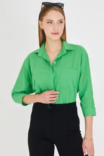 Women's Green Pocket Loose Linen Shirt ARM-21Y001035 - 3