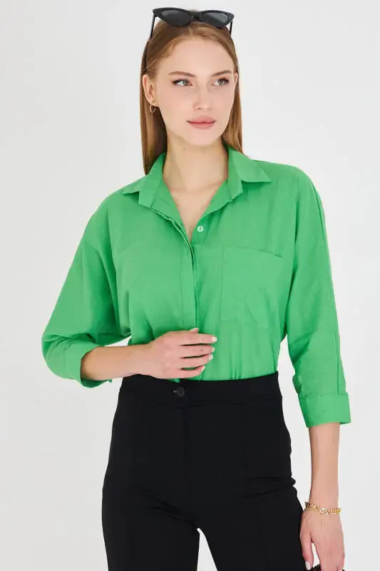 Women's Green Pocket Loose Linen Shirt ARM-21Y001035 - 3