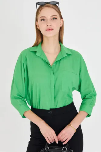Women's Green Pocket Loose Linen Shirt ARM-21Y001035 - 4