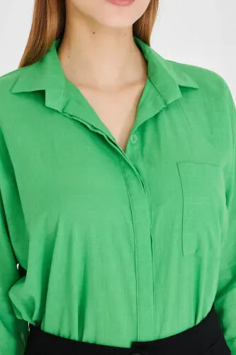Women's Green Pocket Loose Linen Shirt ARM-21Y001035 - 5