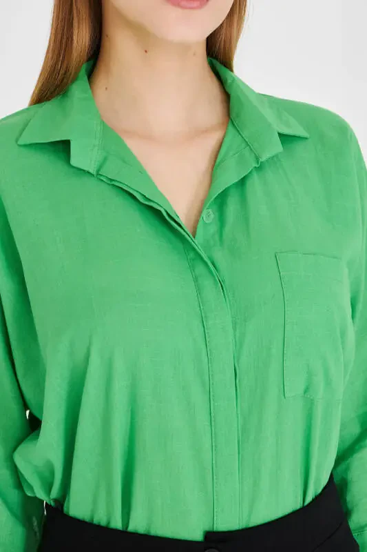Women's Green Pocket Loose Linen Shirt ARM-21Y001035 - 5
