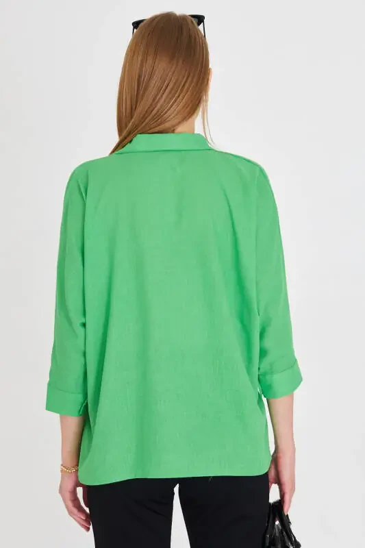 Women's Green Pocket Loose Linen Shirt ARM-21Y001035 - 6