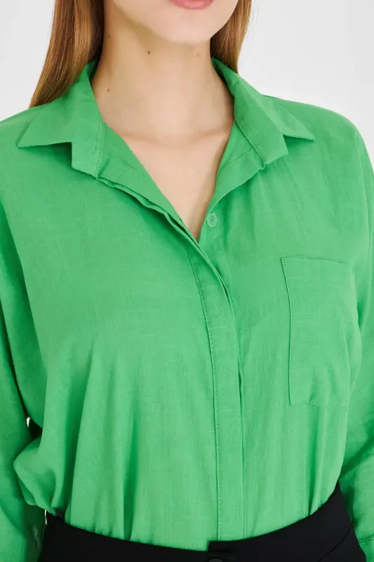 Women's Green Pocket Loose Linen Shirt ARM-21Y001035 - 4