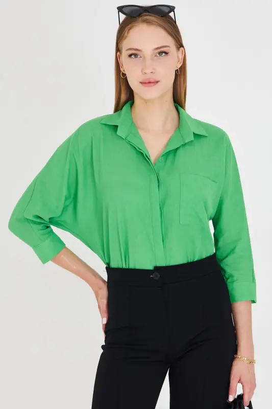 Women's Green Pocket Loose Linen Shirt ARM-21Y001035 - 7