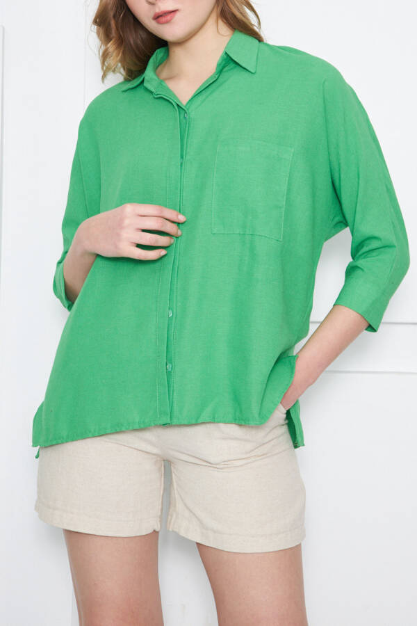 Women's Green Pocket Loose Linen Shirt ARM-21Y001035 - 7