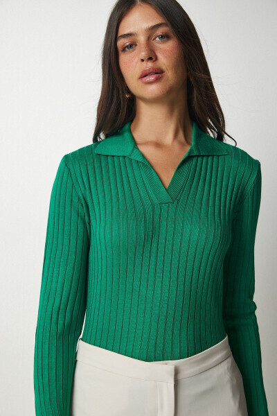 Women's Green Polo Neck Ribbed Knit Sweater BV00011 - 3