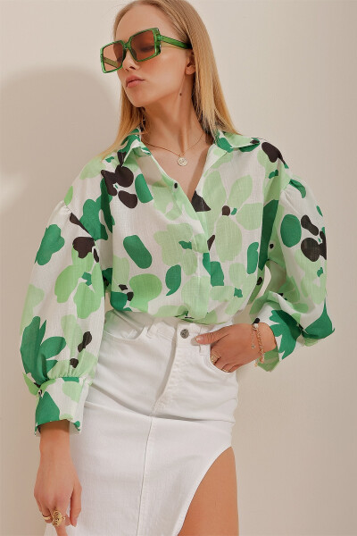 Women's Green Princess Pattern Linen Shirt - TREND ALAÇATI STILI