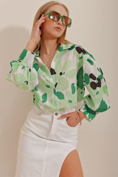Women's Green Princess Pattern Linen Shirt - TREND ALAÇATI STILI (1)