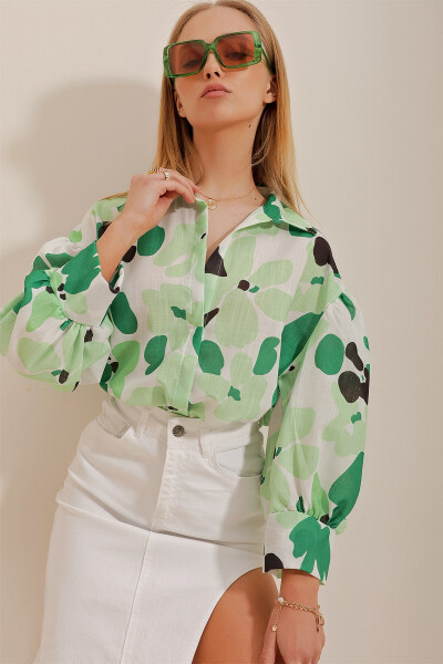 Women's Green Princess Pattern Linen Shirt - 3