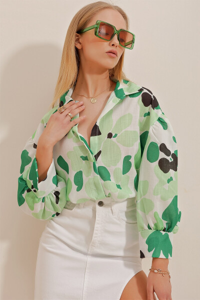 Women's Green Princess Pattern Linen Shirt - 4