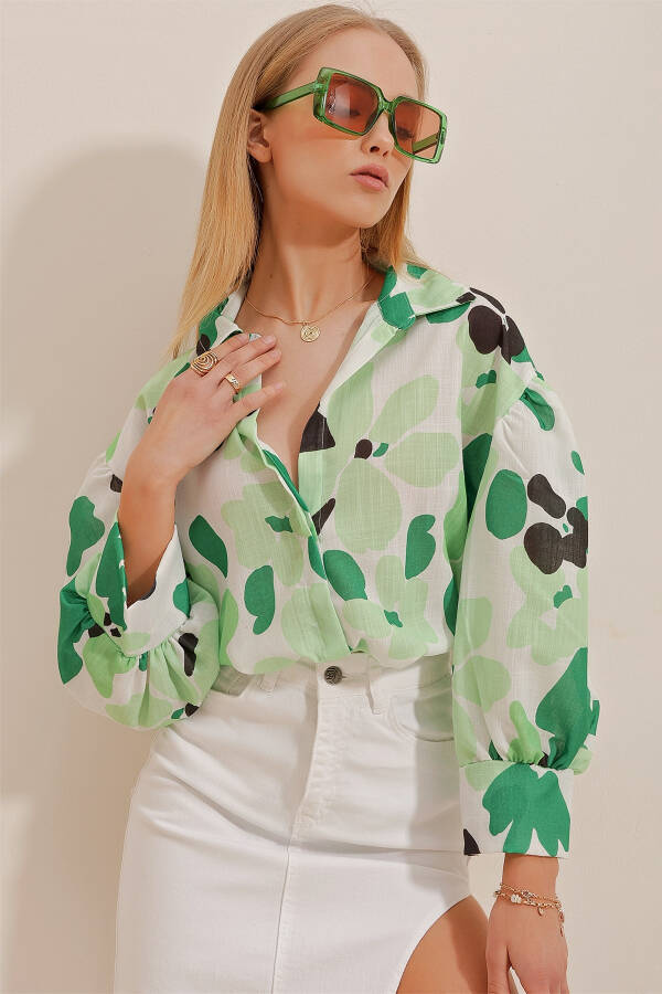 Women's Green Princess Pattern Linen Shirt - 4