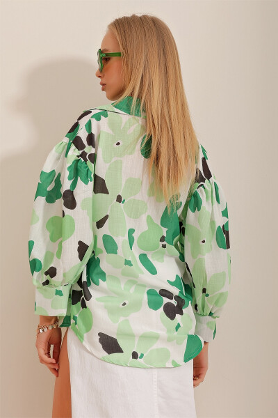 Women's Green Princess Pattern Linen Shirt - 5