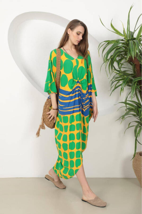 Women's Green Ring Detailed Round Patterned Plus Size Baggy Oversize Viscose Long Dress - 1