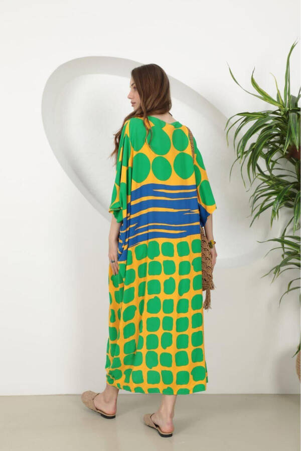 Women's Green Ring Detailed Round Patterned Plus Size Baggy Oversize Viscose Long Dress - 2