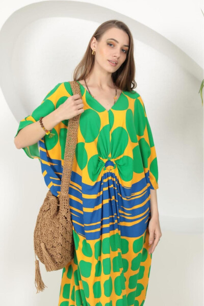 Women's Green Ring Detailed Round Patterned Plus Size Baggy Oversize Viscose Long Dress - 3