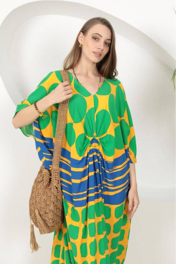 Women's Green Ring Detailed Round Patterned Plus Size Baggy Oversize Viscose Long Dress - 3