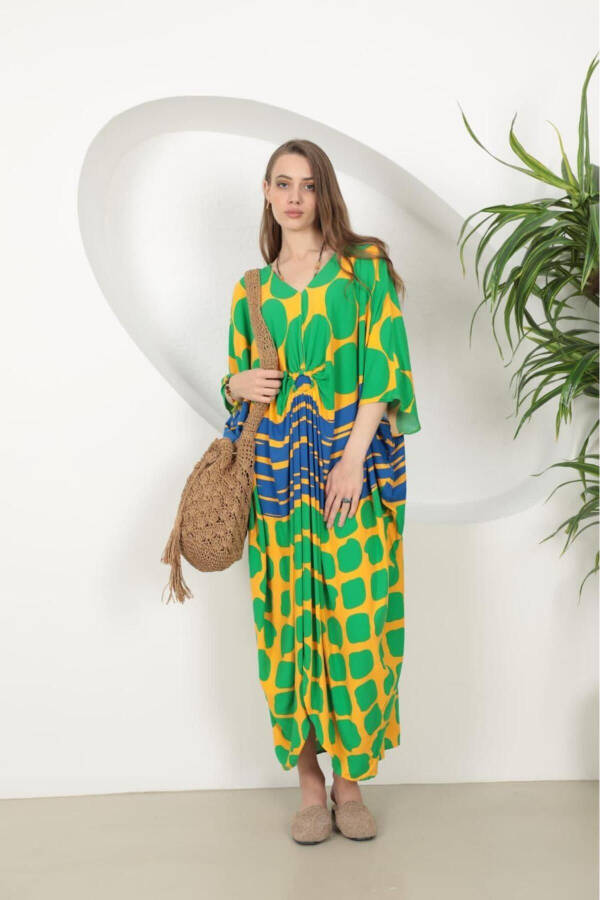 Women's Green Ring Detailed Round Patterned Plus Size Baggy Oversize Viscose Long Dress - 4