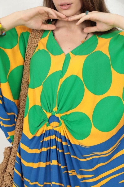 Women's Green Ring Detailed Round Patterned Plus Size Baggy Oversize Viscose Long Dress - 5