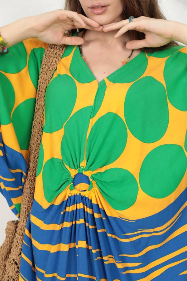 Women's Green Ring Detailed Round Patterned Plus Size Baggy Oversize Viscose Long Dress - 5