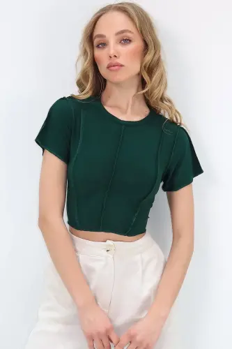 Women's Green Round Neck Front Stitched Crop Sandy Blouse ALC-X11782 