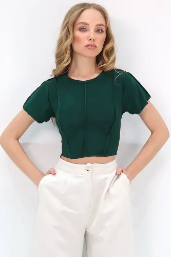 Women's Green Round Neck Front Stitched Crop Sandy Blouse ALC-X11782 - 3