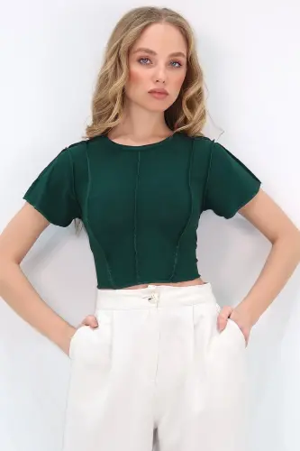 Women's Green Round Neck Front Stitched Crop Sandy Blouse ALC-X11782 - 4