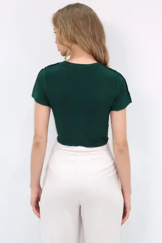 Women's Green Round Neck Front Stitched Crop Sandy Blouse ALC-X11782 - 5