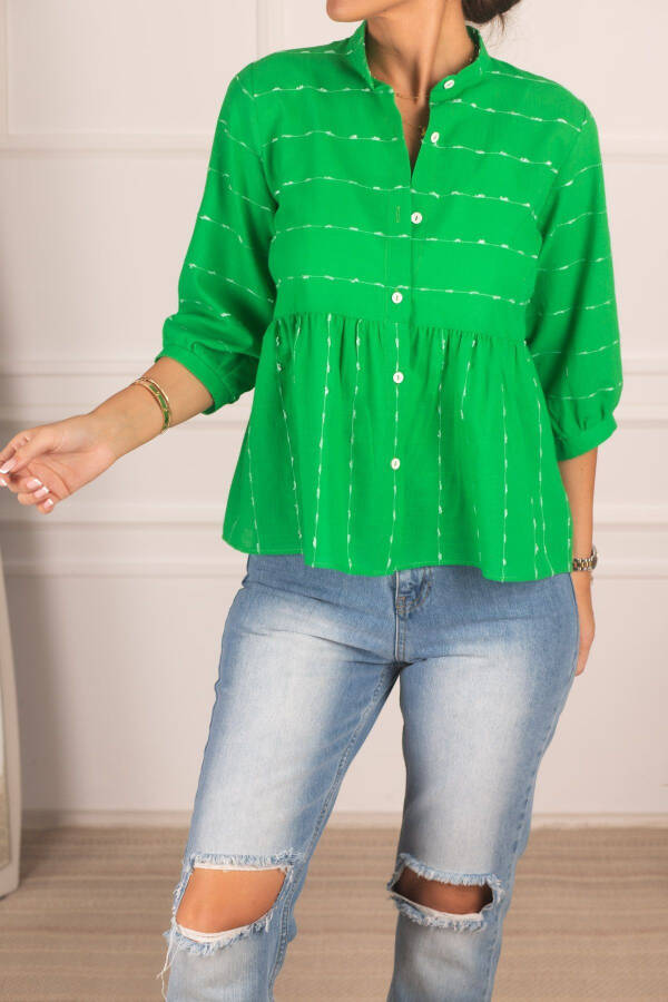 Women's Green Ruched Quarter Sleeve Shirt ARM-24K001003 - 2