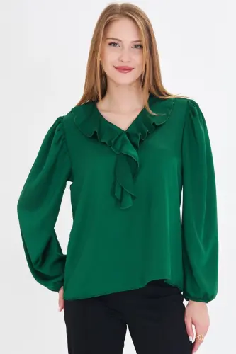 Women's Green Ruffled Collar Shirred Shoulder Elastic Sleeved Cotton Sateen Blouse ARM-22K001059-Green - 2