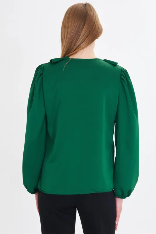 Women's Green Ruffled Collar Shirred Shoulder Elastic Sleeved Cotton Sateen Blouse ARM-22K001059-Green - 5