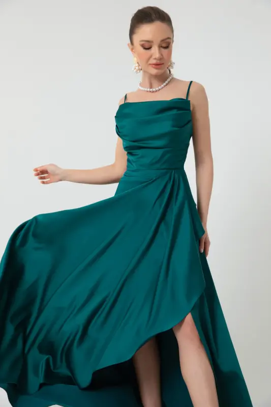 Women's Green Ruffled Slit Satin Evening Dress & Graduation Dress-Green - 2