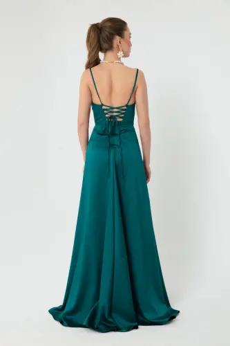 Women's Green Ruffled Slit Satin Evening Dress & Graduation Dress-Green - 5