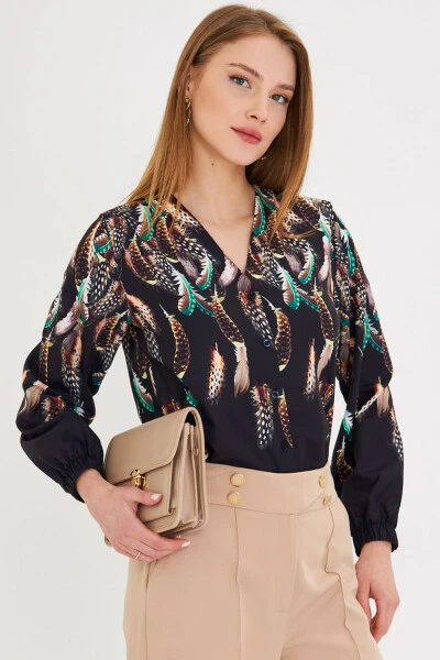 Women's Green Short Sleeve Elastic Patterned Shirt ARM-25 - ARMONIKA (1)