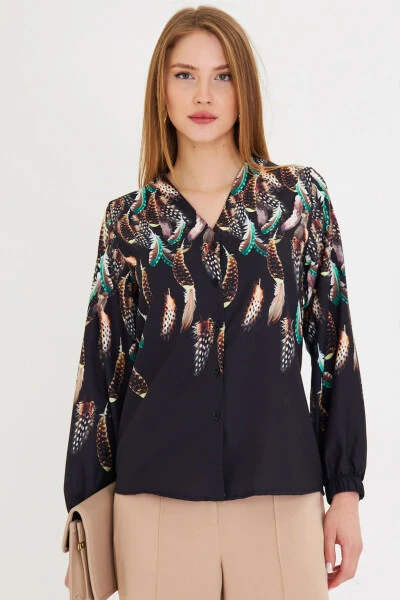 Women's Green Short Sleeve Elastic Patterned Shirt ARM-25 - 3