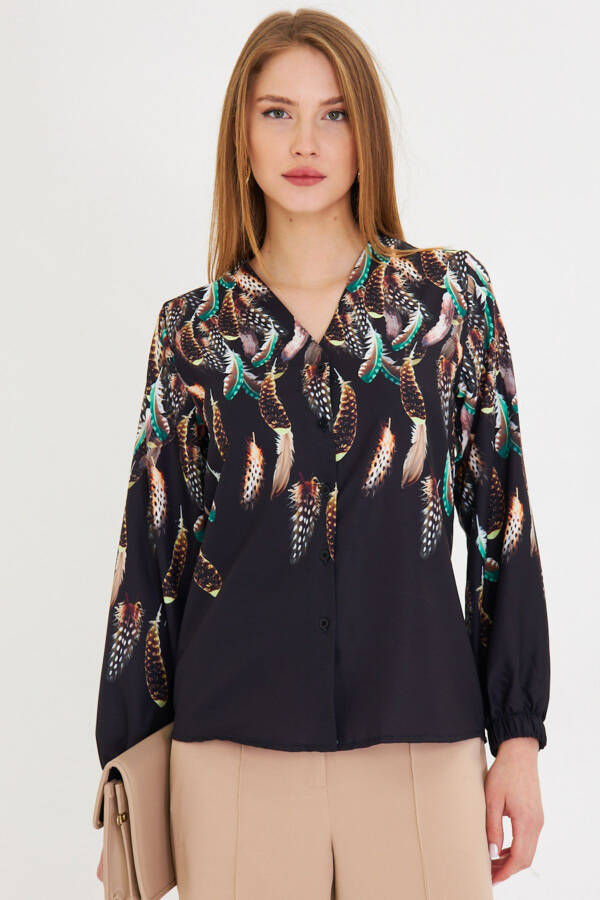 Women's Green Short Sleeve Elastic Patterned Shirt ARM-25 - 3