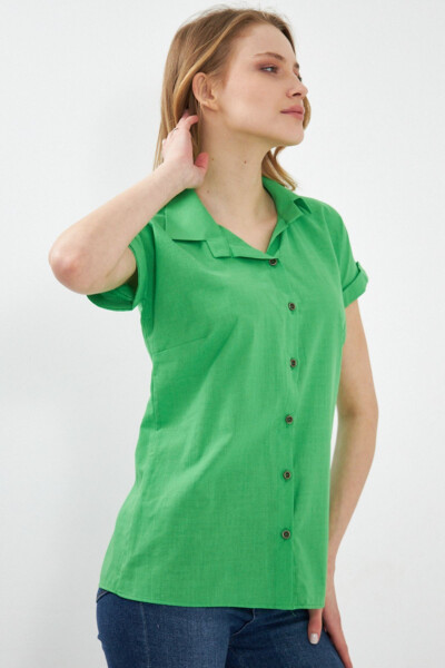 Women's Green Short Sleeve Linen Blouse ARM-24Y001038 