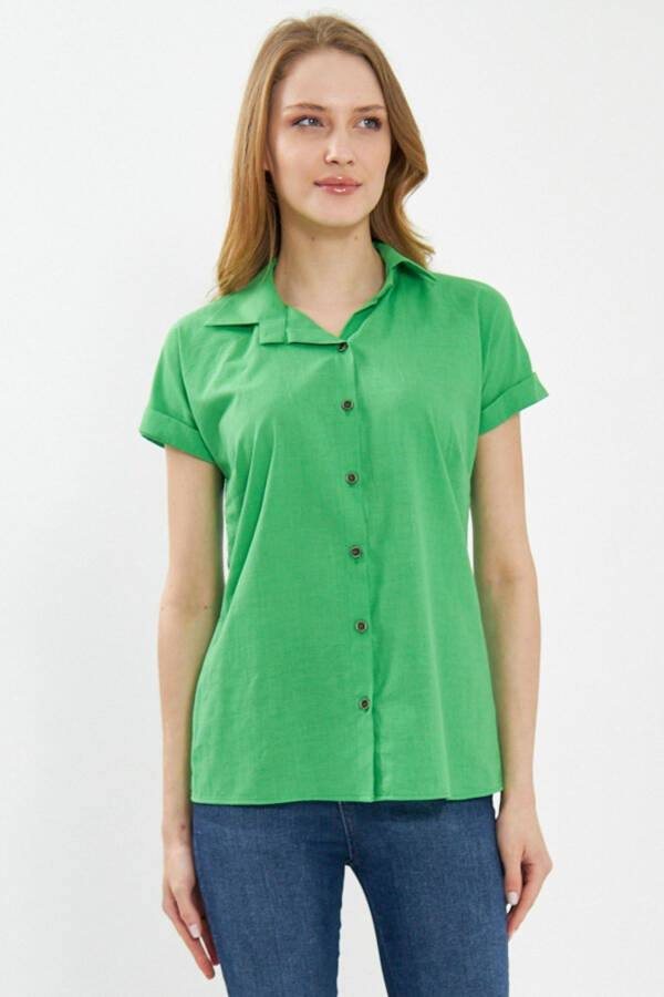 Women's Green Short Sleeve Linen Blouse ARM-24Y001038 - 2