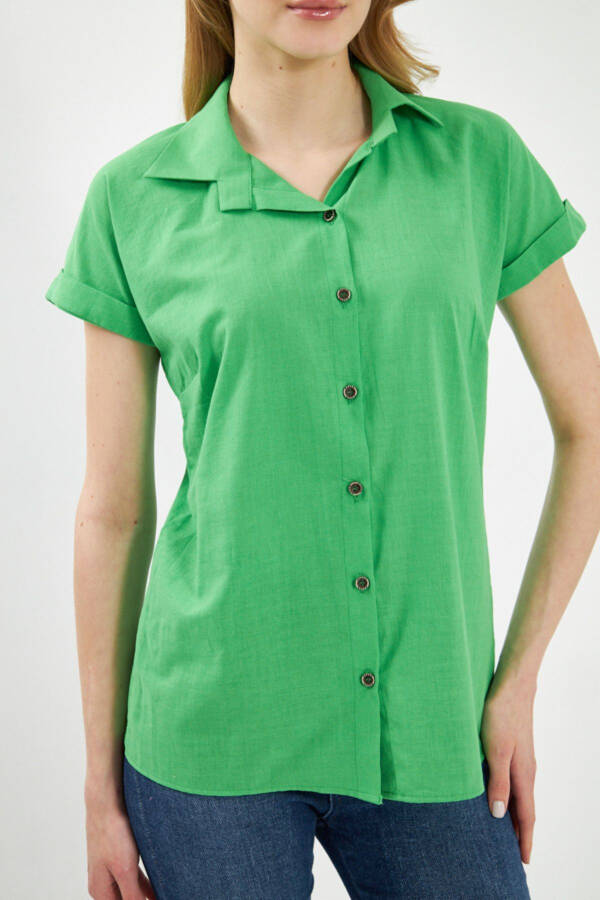 Women's Green Short Sleeve Linen Blouse ARM-24Y001038 - 3