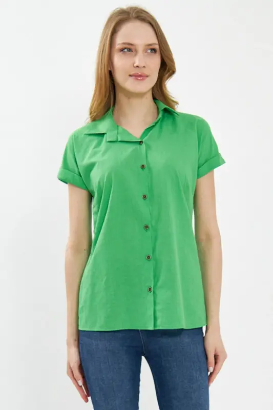 Women's Green Short Sleeve Linen Blouse ARM-24Y001038 - 3