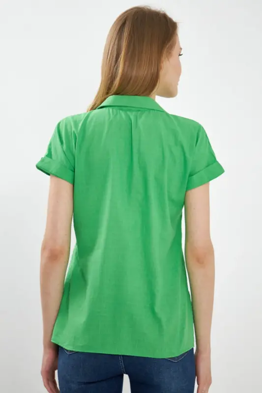 Women's Green Short Sleeve Linen Blouse ARM-24Y001038 - 5