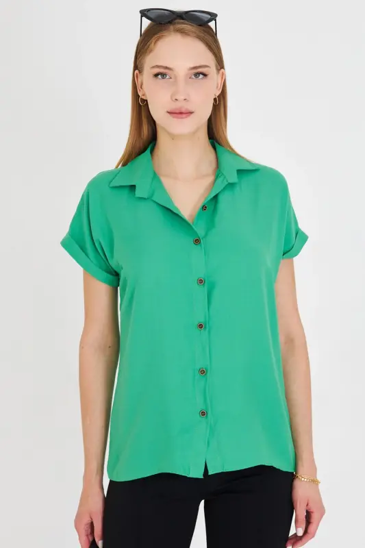 Women's Green Short Sleeve Shirt ARM-19Y001065-Green - 2