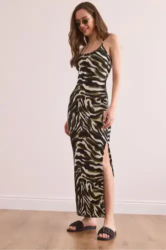 Women's Green Side Slit Spaghetti Strap Maxi Knitted Dress - 1