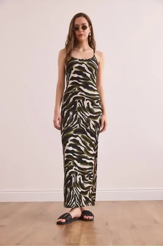 Women's Green Side Slit Spaghetti Strap Maxi Knitted Dress - 2