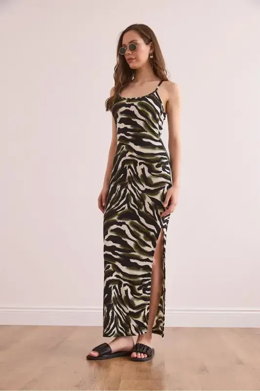 Women's Green Side Slit Spaghetti Strap Maxi Knitted Dress - 3