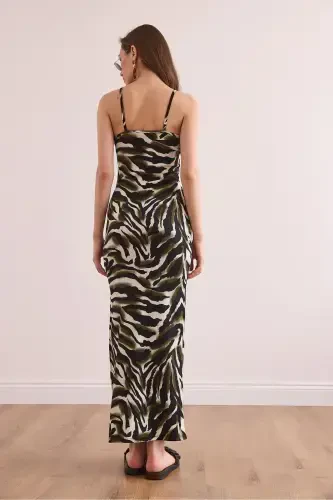 Women's Green Side Slit Spaghetti Strap Maxi Knitted Dress - 7