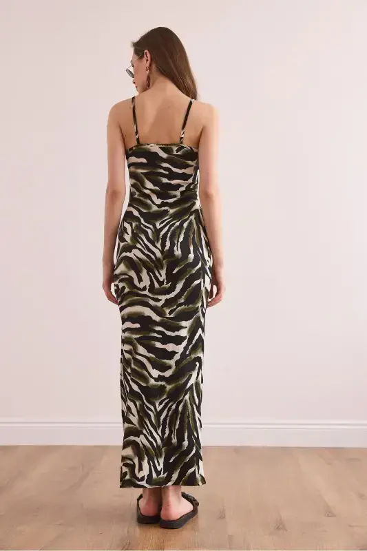 Women's Green Side Slit Spaghetti Strap Maxi Knitted Dress - 7