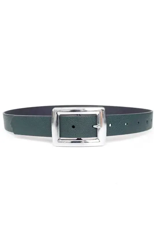 Women's Green Silver Buckle Belt-Green - 1