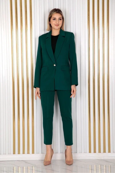 Women's Green Single Button Blazer Carrot Pants Suit Dress Satin Fabric - Modazone