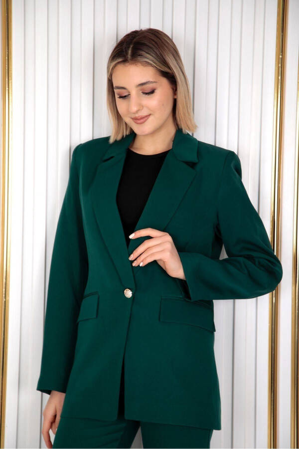 Women's Green Single Button Blazer Carrot Pants Suit Dress Satin Fabric - 3