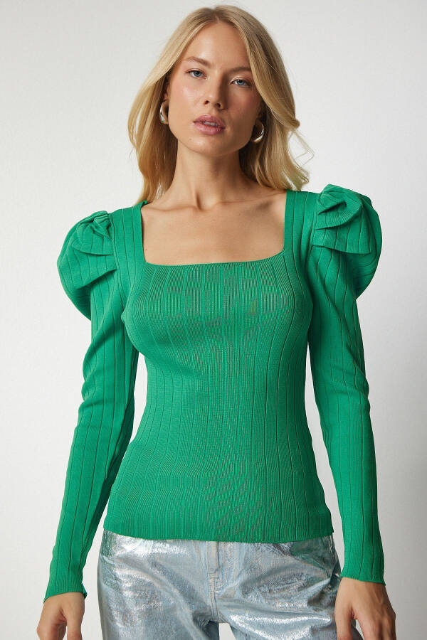 Women's Green Square Neck Ribbed Knit Blouse YY00159 - 3